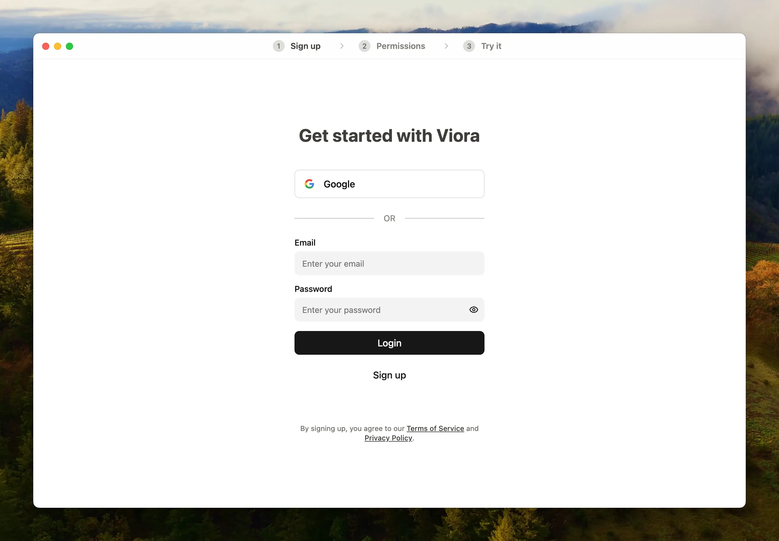 Viora Login/Signup Interface